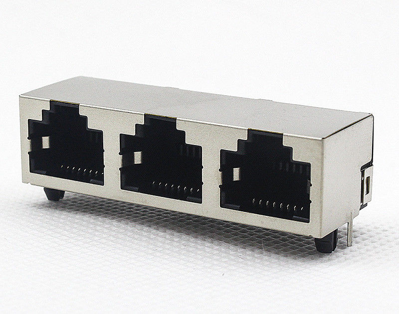 1X3 Multi-Port RJ45 Jack Shield Iron Pegs 90° Angle Tab-up No Leds EMI TM5JA813EXX11