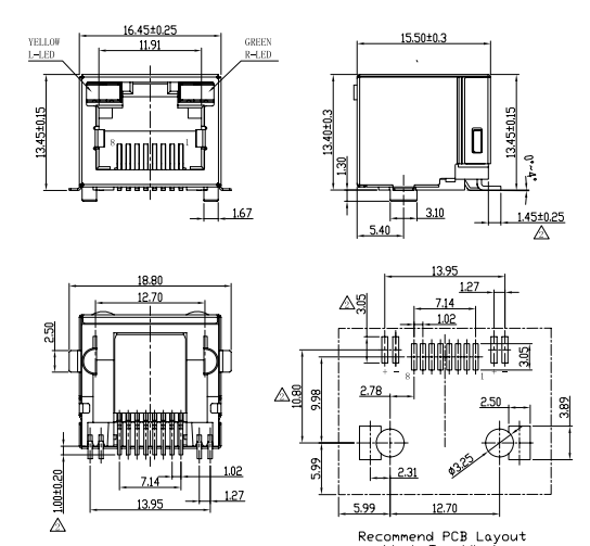 1x1 Port 8P8C SMT RJ45 Jack / Surface Mount Network Jack With LEDs