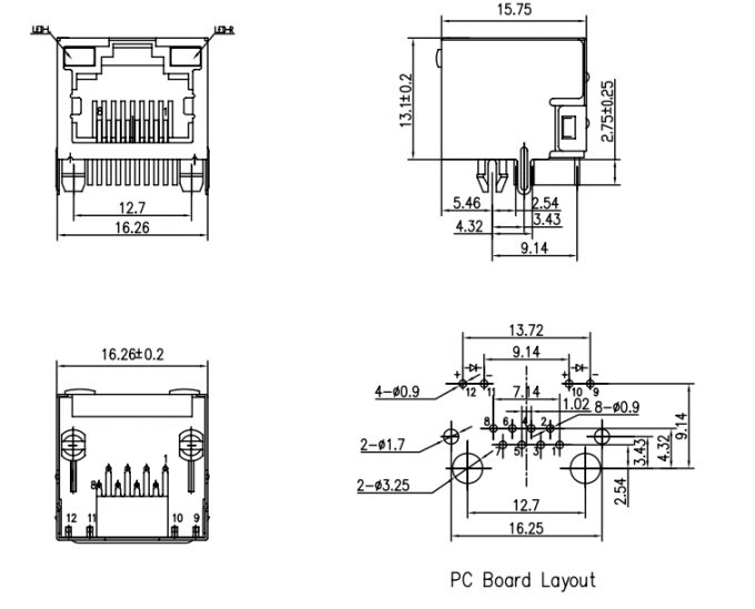 8 Pins 8 Contacts RJ45 PCB Connector With Shied And Leds Tab-up Side ...