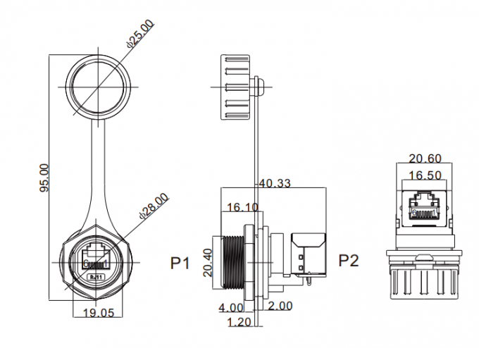 Waterproof Rj12 6P6C F/F Waterproof RJ11 Connector Threaded 90 Degrees 125V